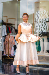 Elegant champagne peplum maxi dress